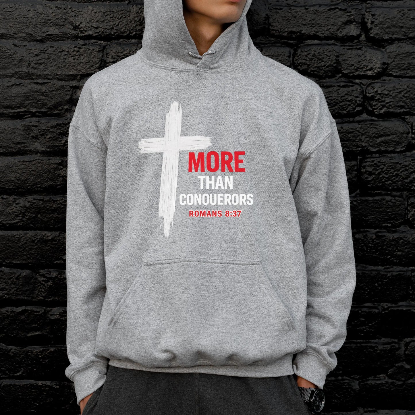 More Than Conquerors Hoodie, Mens Faith Hoodie, Mens Faith Apparel, Faith Based Sweatshirt, Christian Mens Hoodie, Youth Pastor Gift