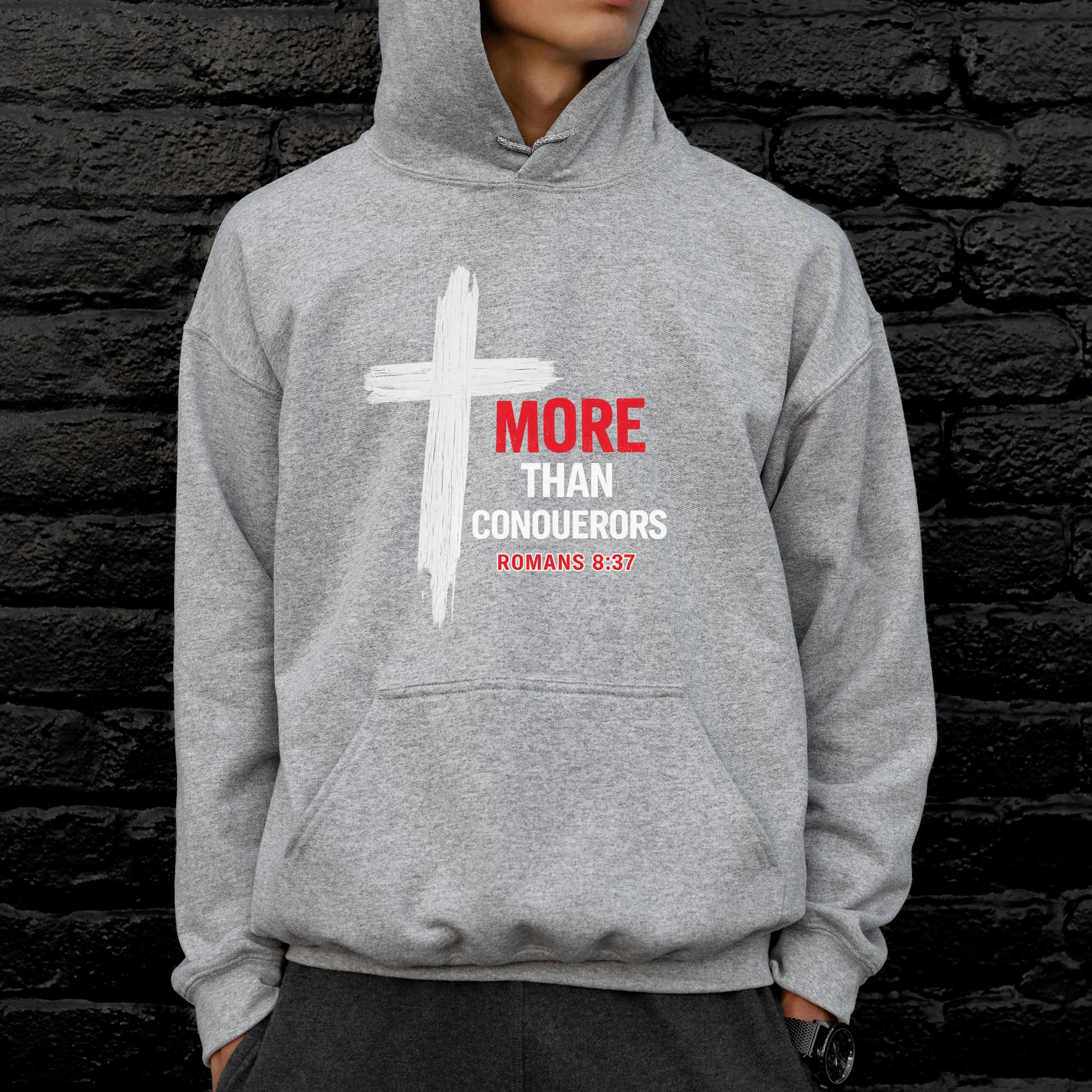 More Than Conquerors Hoodie, Mens Faith Hoodie, Mens Faith Apparel, Faith Based Sweatshirt, Christian Mens Hoodie, Youth Pastor Gift