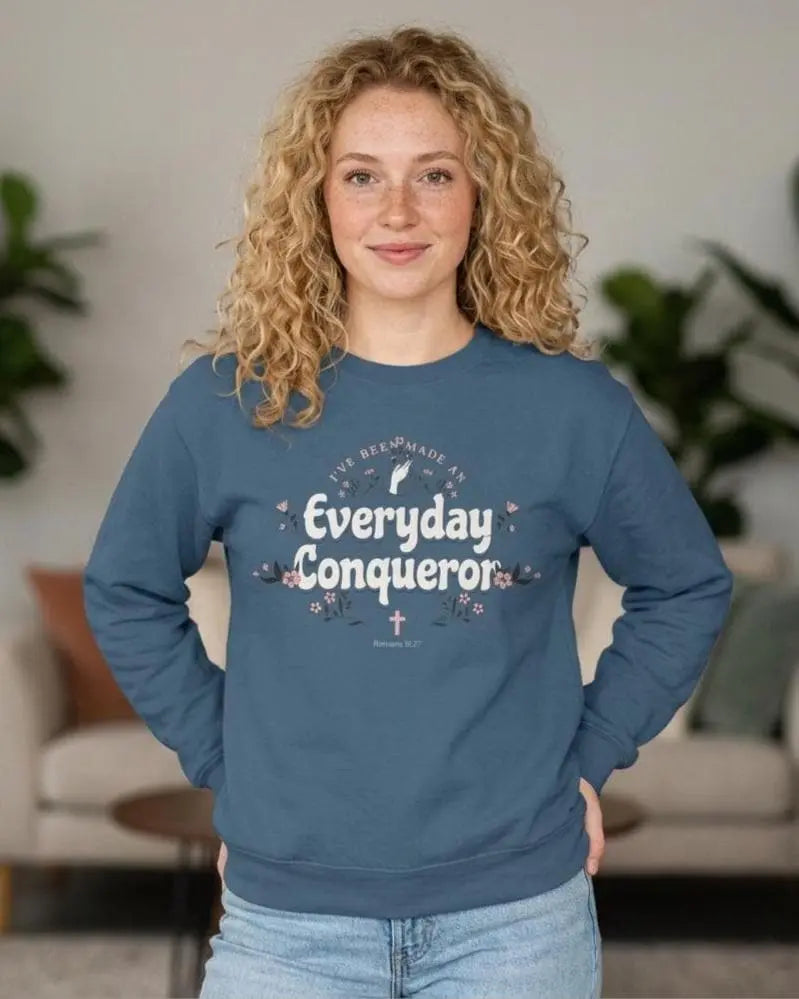 Everyday Conqueror sweatshirt, Christian Sweatshirt, Bible Verse Sweater, Christian Sweat For Women, Church Hoodie, Youth Pastor Gift