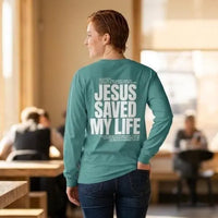 Jesus Saved My Life Long Sleeve Shirt, Faith-Based Graphic Tee, Faith Gift for Her , A Child of God tee, Trendy Christian Top
