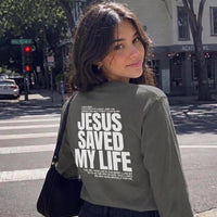 Jesus Saved My Life Long Sleeve Shirt, Faith-Based Graphic Tee, Faith Gift for Her , A Child of God tee, Trendy Christian Top
