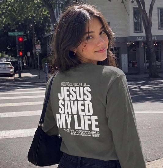 Jesus Saved My Life Long Sleeve Shirt, Faith-Based Graphic Tee, Faith Gift for Her , A Child of God tee, Trendy Christian Top