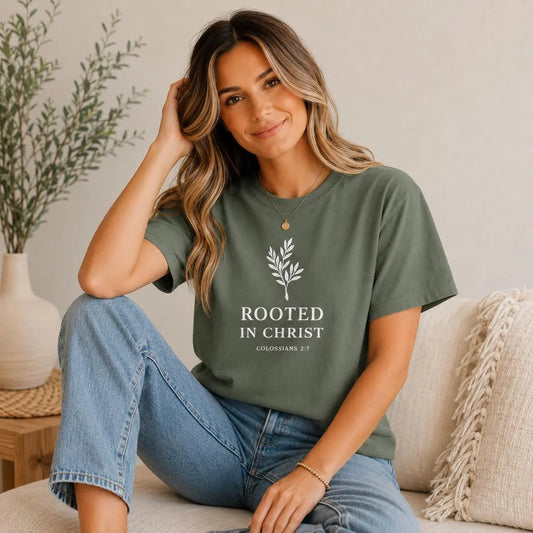 Rooted in Christ T-Shirt | Faith Tee | Bible Verse T-Shirt | Faith-Based Gift for Women | Christian Comfort Colors