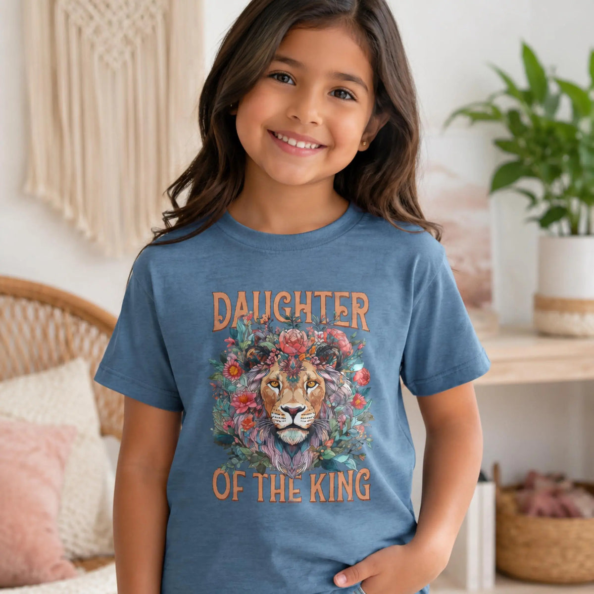 Daughter of the King Lion Floral Youth Tee | Christian Faith Kids Shirt | Christian Kids T-Shirt | Christian Kids Gift