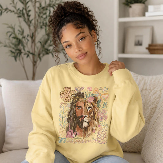 Jesus Lion of Judah Floral Sweatshirt, Christian Crewneck for Women, Faith Based Comfort Colors Sweatshirt, Christian Gift