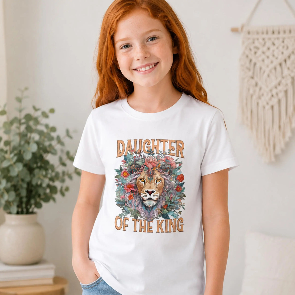 Daughter of the King Lion Floral Youth Tee | Christian Faith Kids Shirt | Christian Kids T-Shirt | Christian Kids Gift