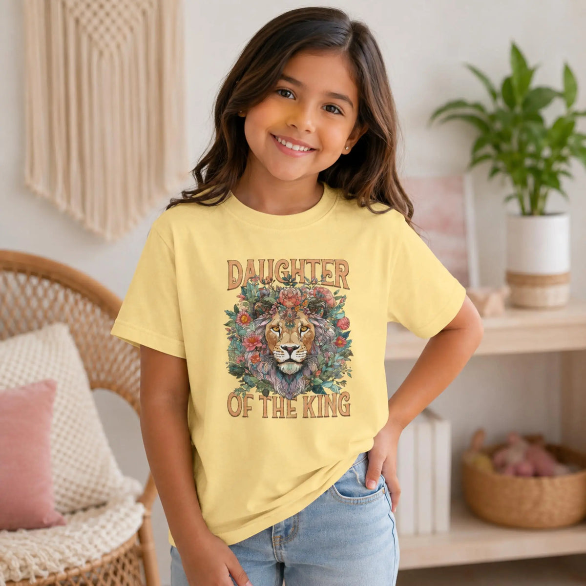 Daughter of the King Lion Floral Youth Tee | Christian Faith Kids Shirt | Christian Kids T-Shirt | Christian Kids Gift