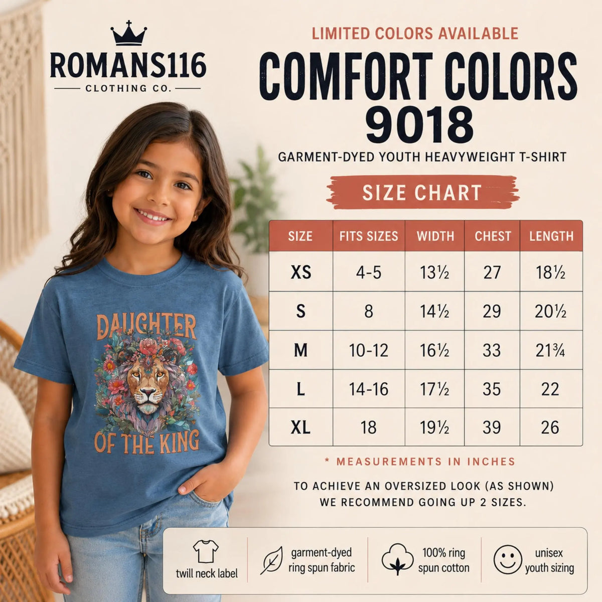 Daughter of the King Lion Floral Youth Tee | Christian Faith Kids Shirt | Christian Kids T-Shirt | Christian Kids Gift