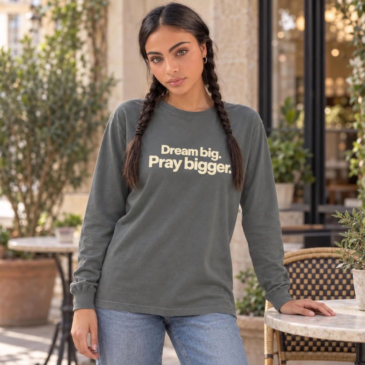 Faith Based Long Sleeve T-Shirt | Inspirational Faith Tee | Dream Big Pray Bigger Comfort Colors Long Sleeve Shirt, Womens Christian Tee