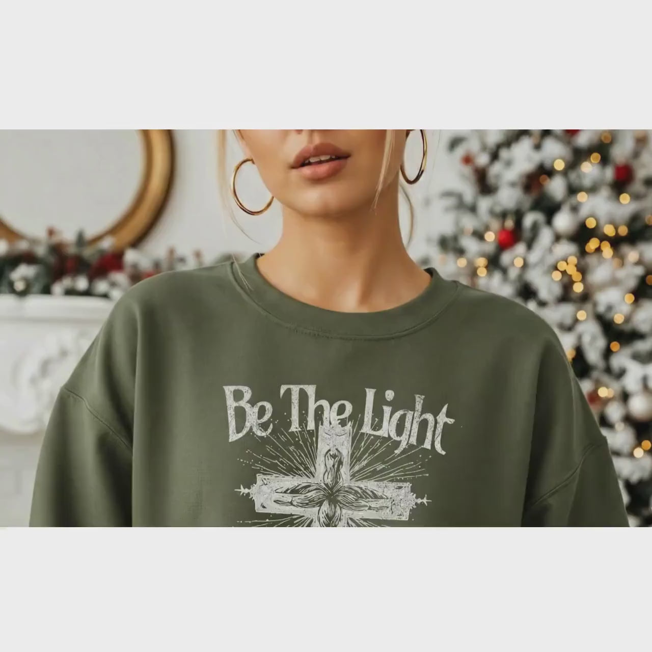 Christian Women’s Sweatshirt – Be the Light Crewneck with Cross – Faith Inspired Religious Gift – Scripture Apparel for Her
