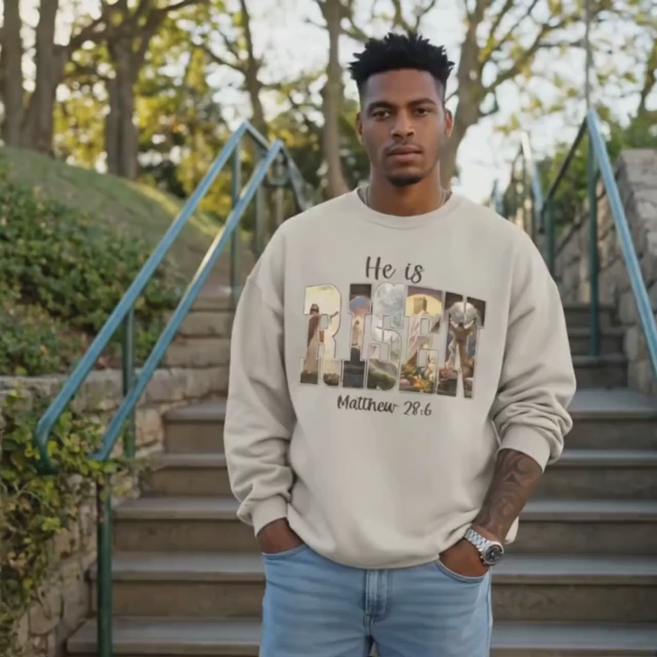 He Is Risen Christian Sweatshirt | Matthew 28:6 Faith Crewneck | Resurrection of Jesus Graphic Clothing | Easter Christian Apparel